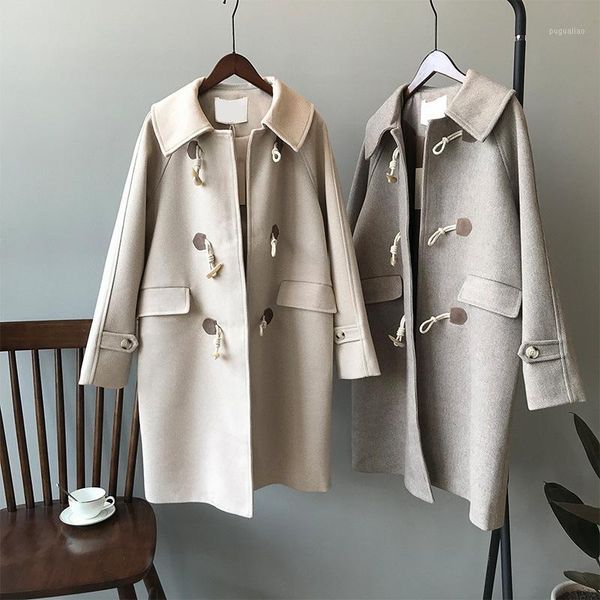 

new autumn winter medium-long women woolen jacket coat thick loose long sleeve outwear horn button casual female overcoat1, Black