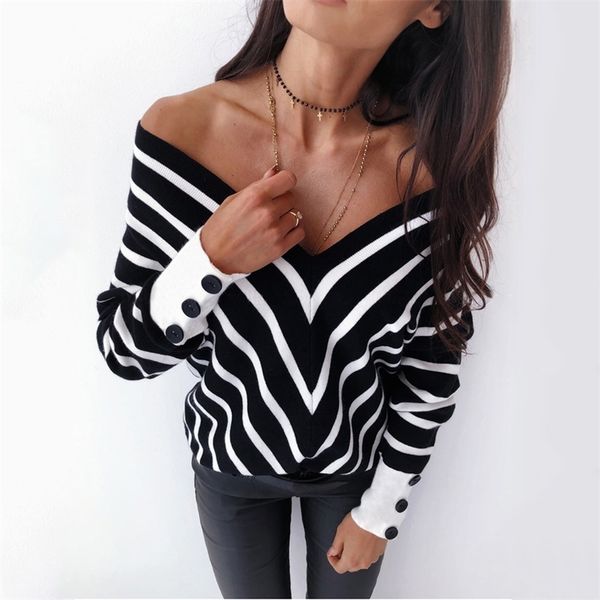 

elegant backless off shoulder knit low cut striped women sweaters loose casual autumn clothes black white pullover winter y200720, White;black