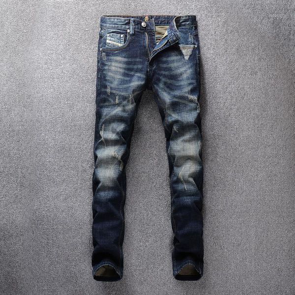 

italian style fashion men jeans retro dark blue patchwork designer ripped denim pants vintage cotton long trousers1
