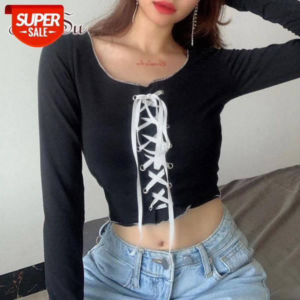 

artsu front tie up harajuku cropped tshirt women black long sleeve cotton t-shirt ladies fashion basic autumn streetwear ts52385 #j32z, White