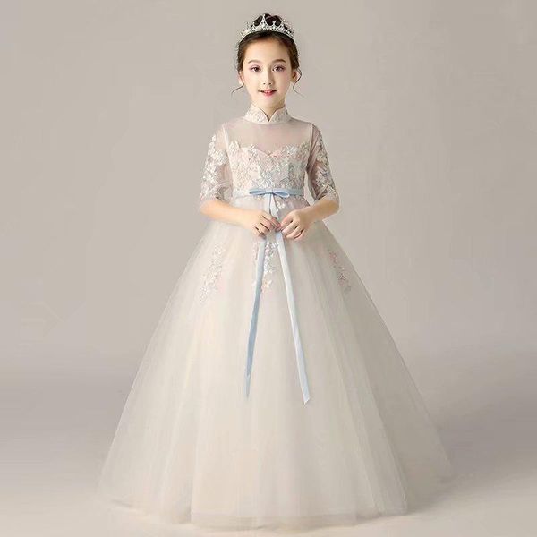 

light blue floor-length tulle pretty flower girl dresses vestidos lace baby girl infant dress kids formal wear girls dress, White;blue