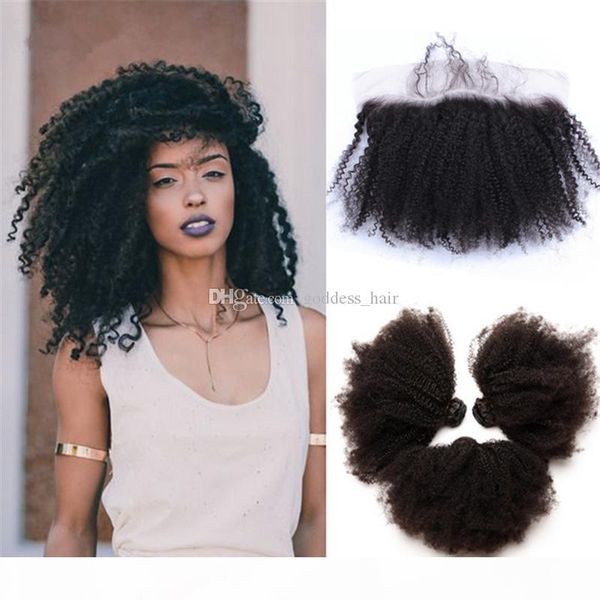 

afro kinky curly ear to ear lace frontal with bundles 4pcs lot afro kinky curly hair bundles with lace frontal closure, Black