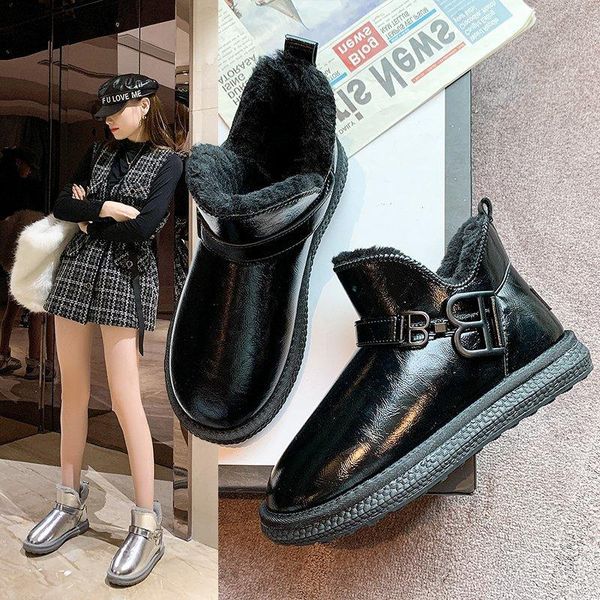 

зима keep warm snow boots женщины круглый toe сплошной цвет ботильоны короткие плюшевые на низком каблуке rubber женщины zapatillas mujer, Black