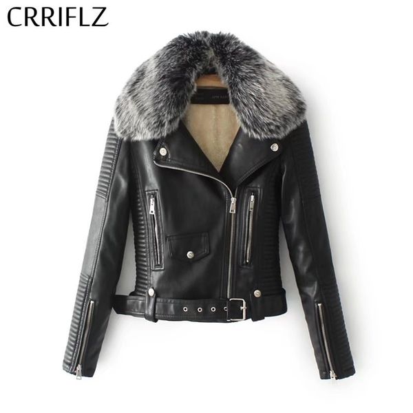 CRRiflz Lady White Black Rosa Motocicleta Motocicleta Outerwear Casacos Mulheres Inverno Quente Casacos De Couro Faux com Collar Fur 201030