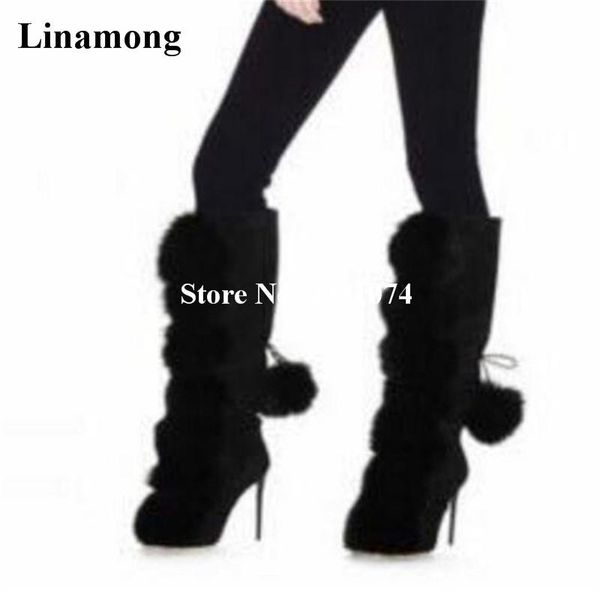 

black winter women knee high long boots pointed fluffy faux fur and thin lace-up fringe winter women knee high long boots