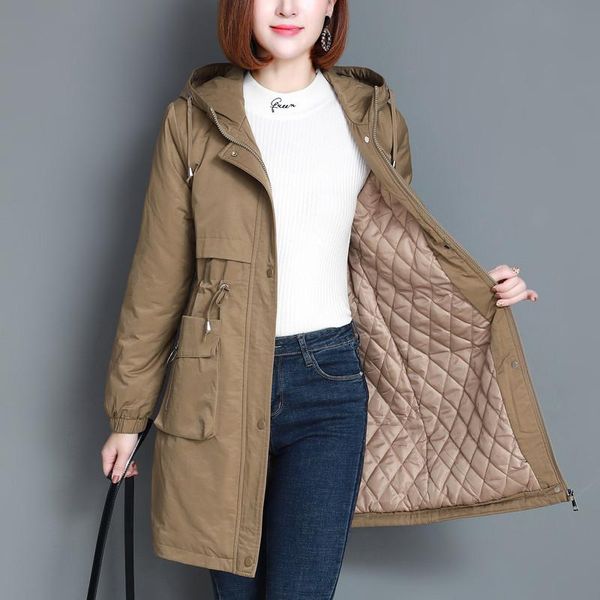 

2020 autumn winter women trench coat long sleeve casual windbreaker female down cotton coat hooded outerwear large size 4xl r598, Tan;black