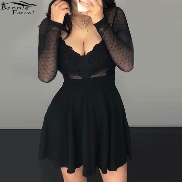 

casual dresses bonnie forest dot mesh ruffles long sleeve dress deep veck hollow out black bodycon party clubwear, Black;gray
