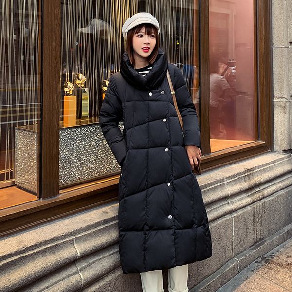 

2021 newwinter x-long jacket women collar thick femlae cotton padded covered button women's coat nero, Black
