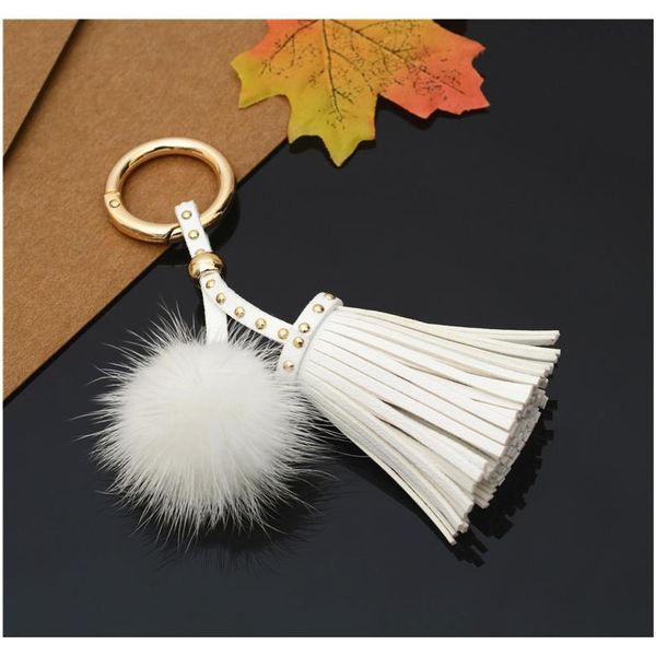 

leather tassels with mink fur ball key chain with one tassels for car keychain bag key ring jewelry eh812 f wmtflt, Silver