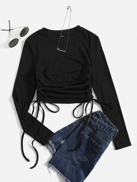 

drawstring ruched rib knit crop tee o6fh#, White