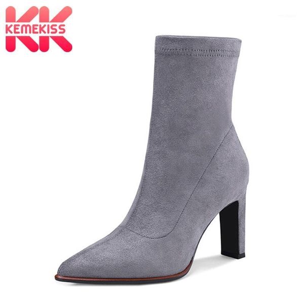 

kemekiss solid color women elastic ankle boots pointed toe thick heel stretch warm party club shoes women botas size 34-391, Black