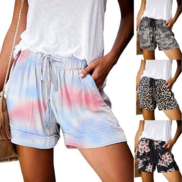 

high waisted elastic waist tie-dye floral streetwear leopard home holiday casual shorts women's drop shipping, White;black