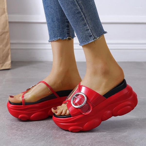 

slippers women thick bottom wedge high heel woman metal buckle beach slides drop summer clear chunky platform sandals1, Black