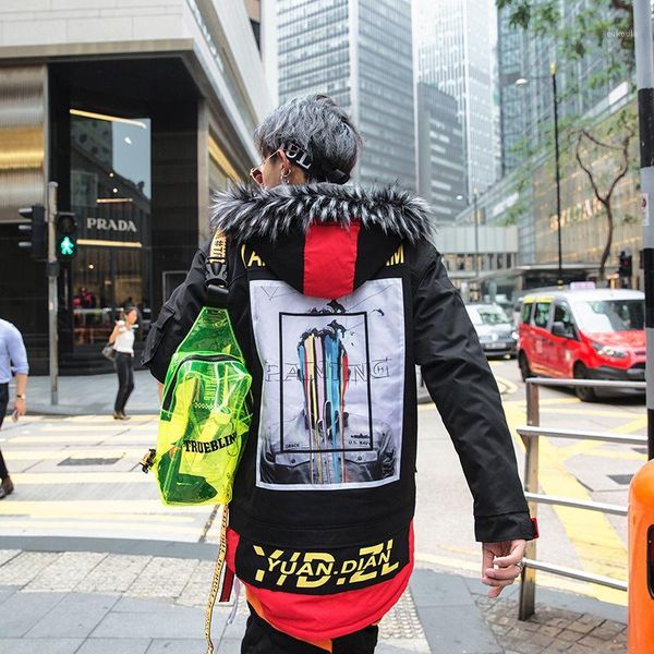 

hip hop parkas jackets men winter warm thick baseball coat long padded overcoat with fur tassls karean windbreaker1, Black