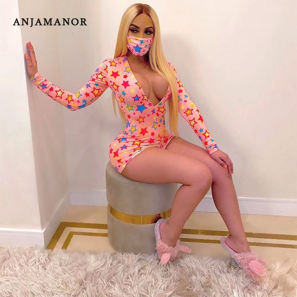 Anjamanor bonito sexy estrela impressão profunda v decote manga comprida bodycon macacões esportivos para as mulheres uma peça Outfit D16-BB20 T200704