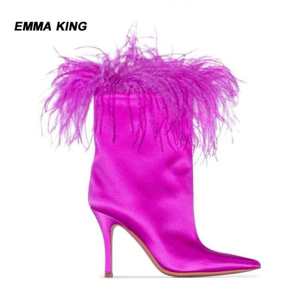 

boots fashion winterankle women pink feather-trimmed satin short pointed toe runway high heels boot 2010, Black