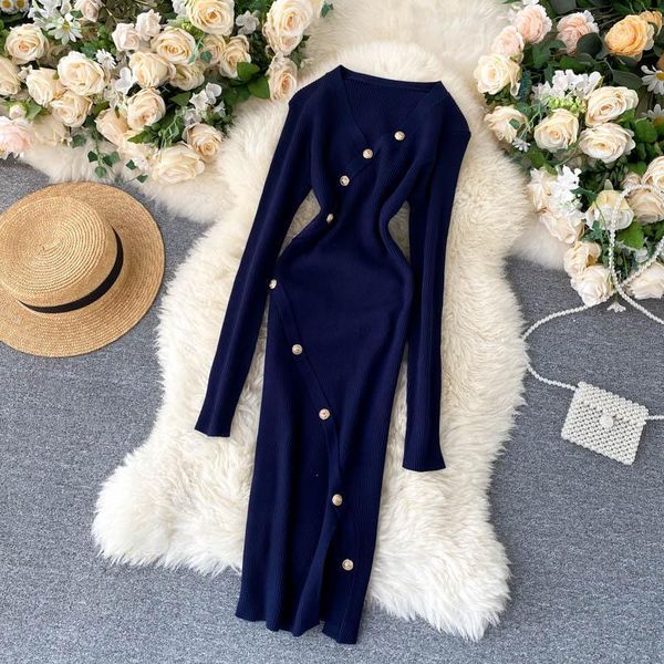 

slim button v neck autumn bodycon knitted sweater dress winter casual party women split club sheath femme elegant dresses1, Black;gray