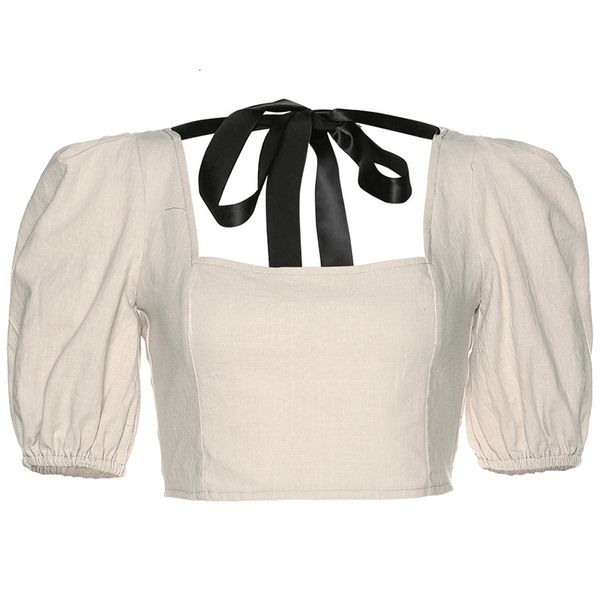 

2021 new summer style lantern short-sleeve square neck tie back skinny cardigan zipper open navel female commute fashion shirt ddjj, White