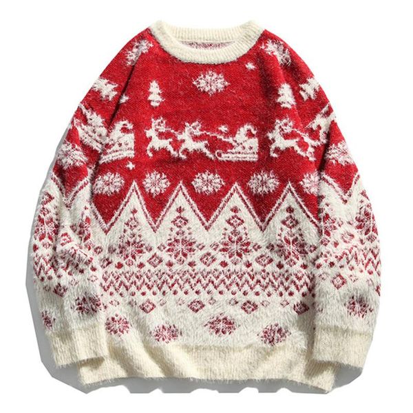 

men's sweaters embroidery knitted snow deer ugly christmas jumper streetwear knit wear 2021 mens casual holiday party crewneck sweater, White;black