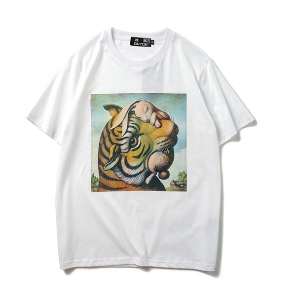

tiger head rabbit print cotton short sleeve men's cartoon parttern t-shirt women shirts|streetwear 6ob2, White;black
