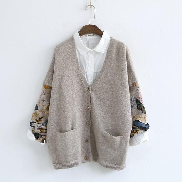 

502-0043 casual 2020 autumn new women's solid color v-neck cardigan long sleeves printed bird sweater single breasted jacket1, White