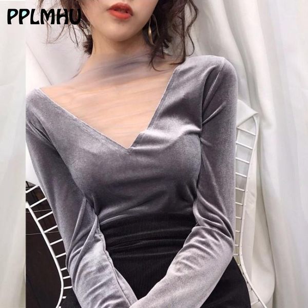 

women v-neck chiffon mesh stitching velvet shirts sheer casual basic slim long sleeve blouse pink black plus size s-3xl1, White