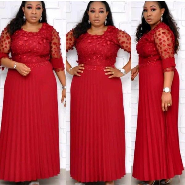 

2019 new autumn elegent african women o-neck lace plus size long dress1, Red