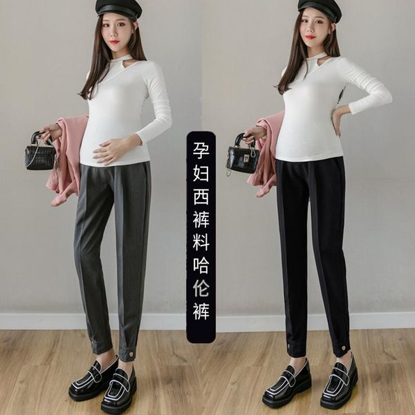

229# maternity pants spring autumn casual pants loose comfy ninth elastic waist maternity trousers, White