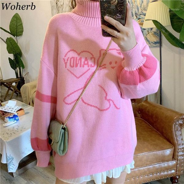 

women's sweaters woherb knitted women turtleneck sweater cartoon cat print harajuku kawaii pullovers oink purple jumper pull femme1, White;black