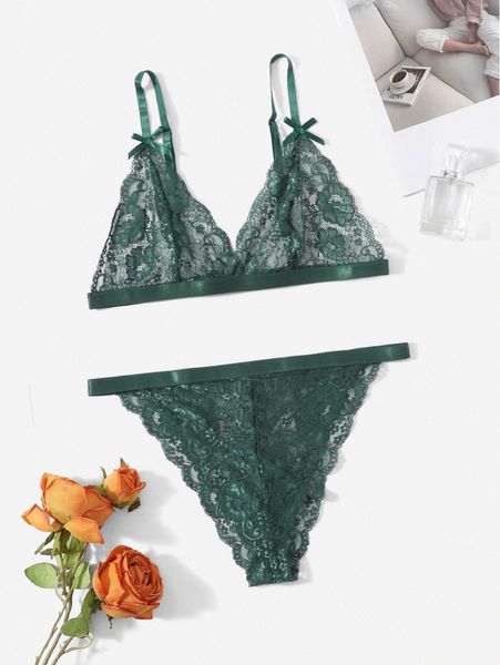

plus floral lace bow decor lingerie set e9gq#, Black;white
