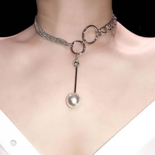 

flash diamond t-shaped banquet luxury pearl necklace, clavicle female short neck chain, net red necklace, Silver
