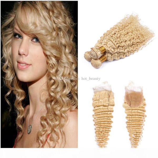 

malaysian human hair extensions deep wave wavy blonde virgin hair weaves 3 bundles with #613 blonde front lace closure piece 4x4, Black