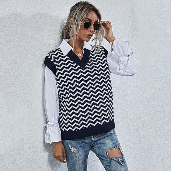 

2021 spring autumn women vest v neck sleeveless geometric vintage knit sweater vest brief office lady waistcoat blue woman's, Black;white