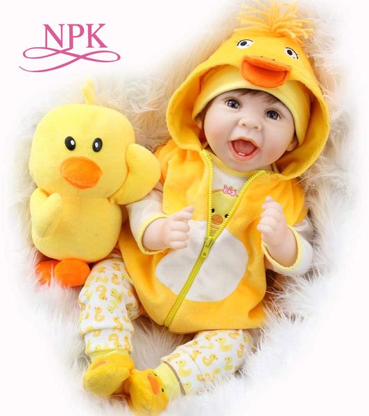 

npk 55cm original reborn baby doll lifelike newborn baby duck dress set lovely smile face weighted doll rooted hair 1011