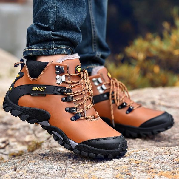 

big size warm winter ankle boots men casual shoes lace-up autumn leather waterproof work tooling mens boots army botas, Black