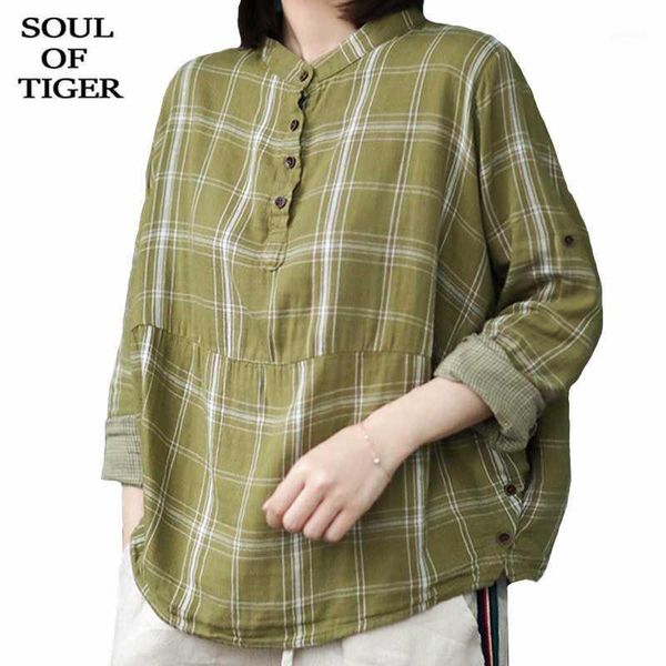 

soul of tiger new 2020 spring korean fashion style laides vintage clothes womens plaid printed linen shirts casual loose blouses1, White