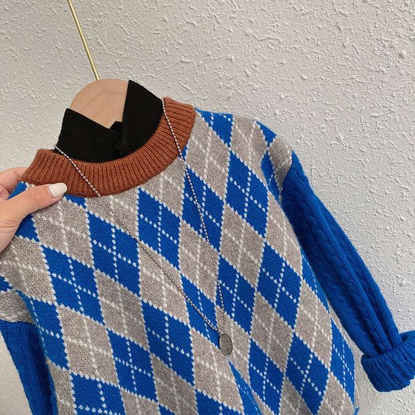 

children's autumn winter 2020 new men's and women's diamond check pullover baby twist sweater, Blue