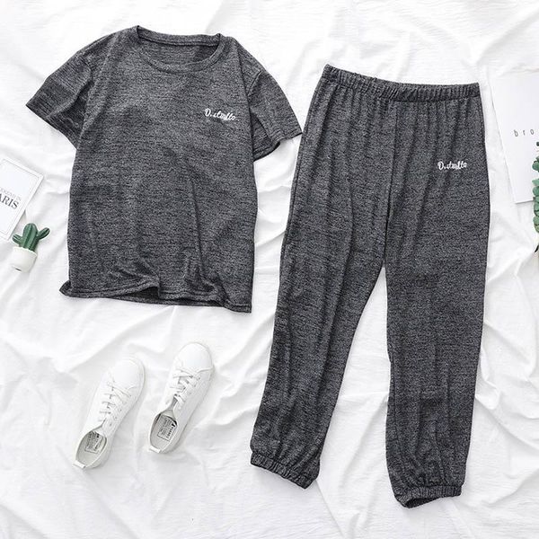 

2019 spring pajamas for women female pajamas set short sleeve and long pants  sleepwear knitted cotton home suit1, Black;red