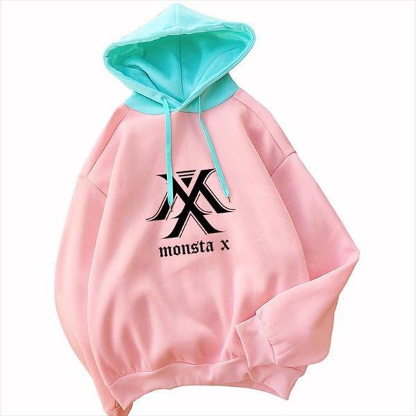

новая мода monsta x kpop толстовка женщины розовый зеленый patchwrok руно толстые толстовки женские harajuku sudadera mujer одежда, Black