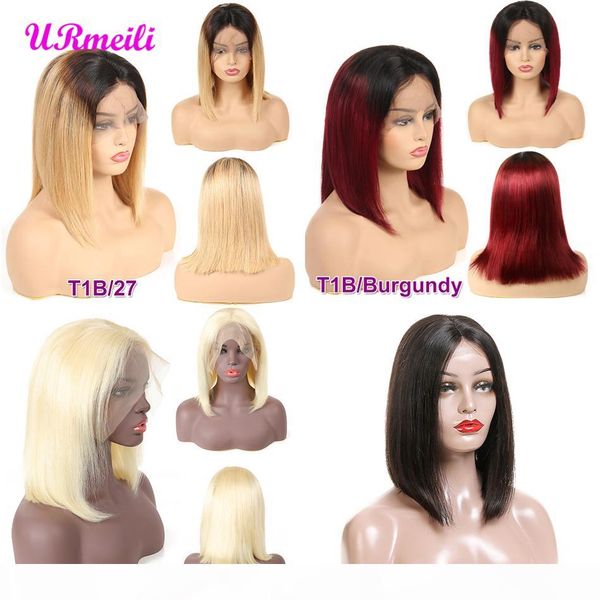 

lace front human hair bob wigs for black women pre plucked brazilian remy hair straight short ombre blonde bob wigs with baby hair, Black;brown