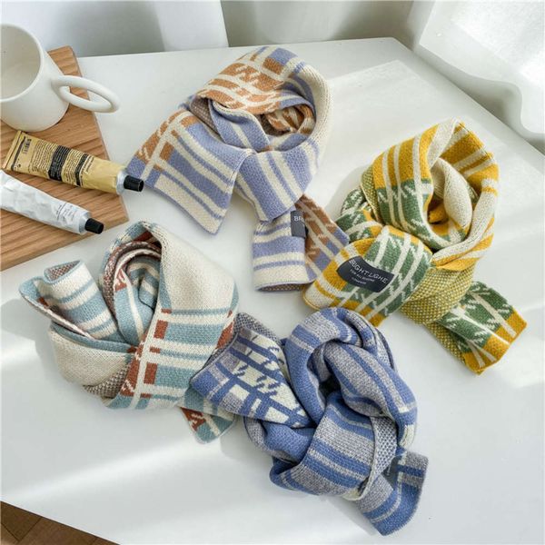 

versatile art children's plaid scarf fashion color matching knitting autumn winter korean version men's and women's warm wool, Red;brown