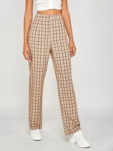 

tall plaid high waisted straight leg pants 67z5#, Black;white