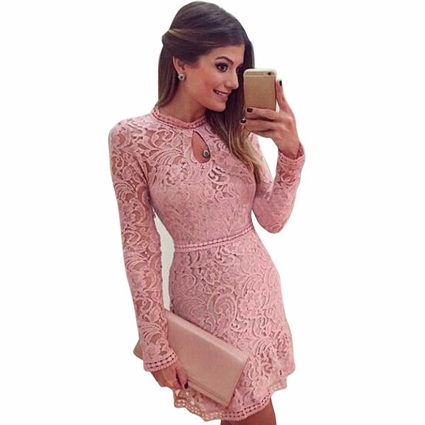 

women pink hollow lace long sleeve slim women party dress bodycon dress pullover ladies dress, Black;gray