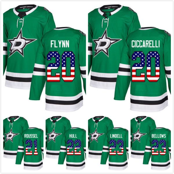 

2018 dallas stars антуан руссель сиссарелли брайан флинн беллоуз esa lindell бретт халл флаг сша хоккей джерси мужчины женщин молодежи, Black;red