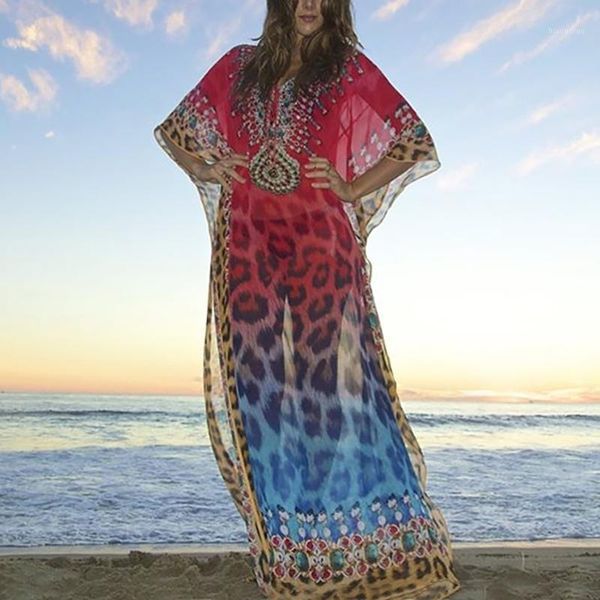 

2020 leopard print bohemian dress plus size summer beachwear maxi dress sarong pareo de plage v neck women casual1, White;black