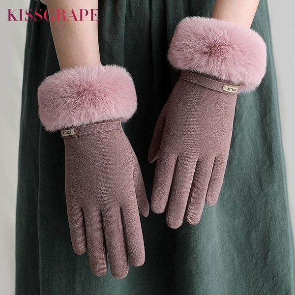 

brand 2020 new touch screen gloves women winter warm faux gloves ladies fashion driving thick fleece lining mittens, Blue;gray