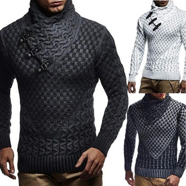 

leather buckle coarse sweater men turtleneck mens knitted pullover casual autumn elastic knitting sweater coat knitwear pull 3xl1, White;black
