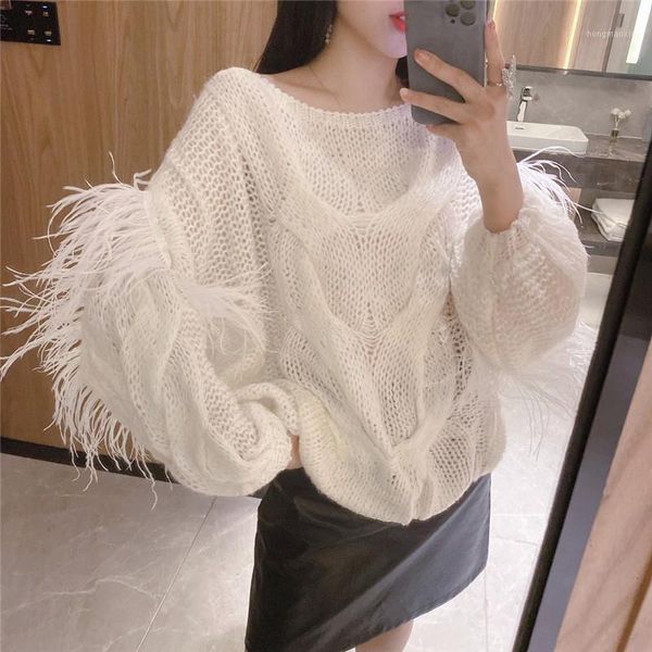 

slash neck pullover 2021 early spring fashion sweater with feather tassel women lazy oaf jumpers ladies knit streetwear1, White;black