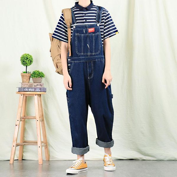 

men's jeans men retro straight denim overalls korean suspenders, Blue