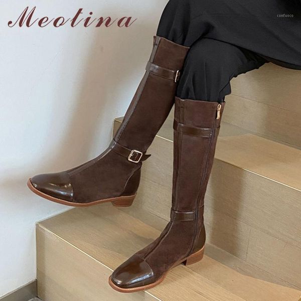 

meotina buckle real leather mid heel long boots women riding boots shoes square toe zip thick heels knee high brown 33-401, Black